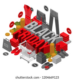 Black friday concept background. Isometric illustration of black friday vector concept background for web design