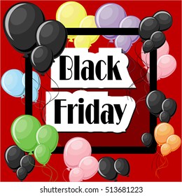 Black Friday concept with black balloons and square  red frame on white background with words sale, bogo free, percentage discounts. Vector illustration in flat style.