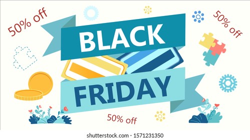 Black Friday Concept Banner Vector Illustration. Heraldic ribbon with the inscription Black Friday and attributes of the day of sales and big discounts.
