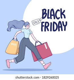 Diseño conceptual del Viernes Negro del vector. Chica está de compras en la venta del Black Friday.