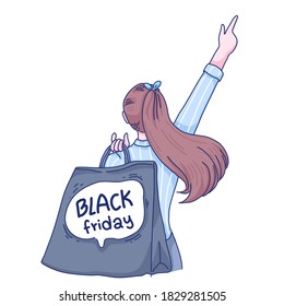 Black Friday concept design of vector. Girl is shopping character. Doodle illustration style.