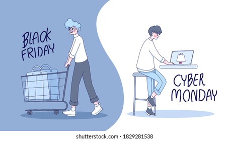 Black Friday concept design of vector. The men are shopping in black friday and cyber Monday.