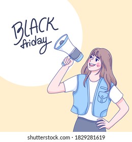 Diseño conceptual del Viernes Negro del vector. Girl está promocionando para la venta del Black Friday.