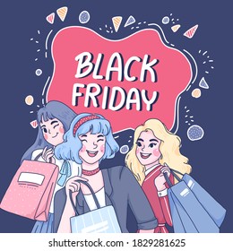Black Friday concept design of vector. Girls are shopping together character. Doodle illustration.