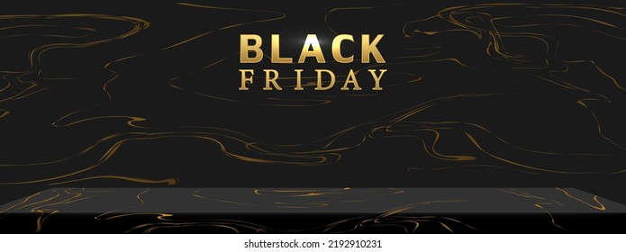 Black Friday concept with empty black marble pedestal for product display, advertising show, and award ceremony on cement wall background. Black marble background. Vector illustration.