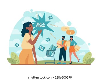 Black friday concept. Entrepreneur attract customers. Shopping cart and bags with goods and presents. Offline and online shopping with a big discount and special offer. Flat vector illustration