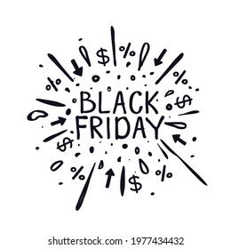 Black friday concept Fireworks logo icon sign badge Economic doodle ink design Dollar money arrow percent symbol emblem Black friday style Fashion print clothes apparel greeting invitation card cover