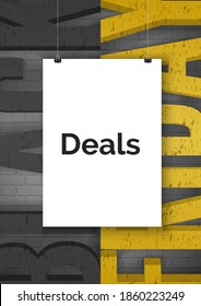Concepto del Viernes Negro. Marco de papel colgante en pared de ladrillo con inscripción Black Friday ilustración vectorial realista