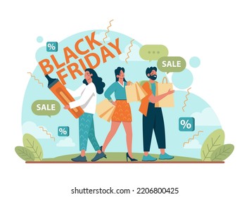 Black friday concept. Happy character rush to purchases. Shopping cart and bags with goods and presents. Offline and online shopping with a big discount and special offer. Flat vector illustration