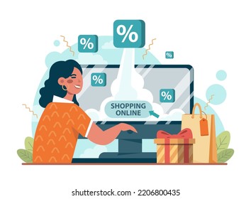 Black friday concept. Happy character rush to purchases. Shopping cart and bags with goods and presents. Offline and online shopping with a big discount and special offer. Flat vector illustration