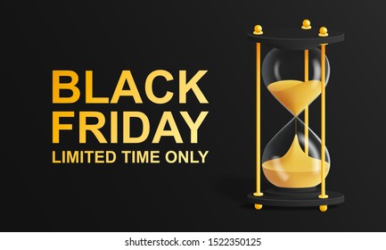 Black Friday. The concept of hourglass with gold lettering on a black background.