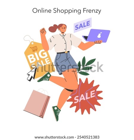 Black Friday concept. Joyful shopper engaging in an online shopping spree with sale tags and shopping bags. Excitement of discounts and offers. Vector illustration.
