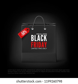 Black Friday concept. Black paper bag with tag Sale and text. Black friday banner template. Vector illustration isolated on black background