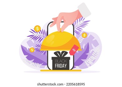 Black Friday concept with people hand in flat design.