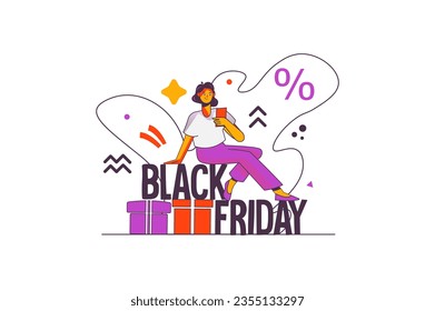 Black friday concept with people scene in the flat cartoon design. A girl looks at a receipt with purchases that she bought with huge discounts in honor of Black Friday. Vector illustration.