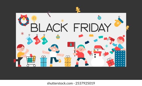 Black Friday concept poster on black background. Cute characters are having fun shopping. outline simple vector illustration.