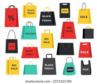 Black Friday concept. Sale concept. Shopping concept. Set of shopping bags on white background.	