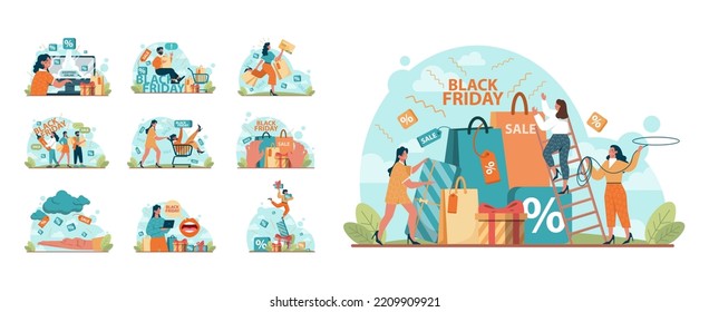 Black friday concept set. Happy character rush to purchases. Shopping cart and bags with goods and presents. Offline and online shopping with a big discount and special offer. Flat vector illustration