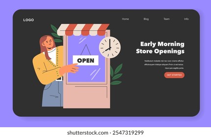 Black Friday concept. A shopkeeper opens her store early, with a welcoming gesture amidst a website interface. Early bird sale preparation. Vector illustration.