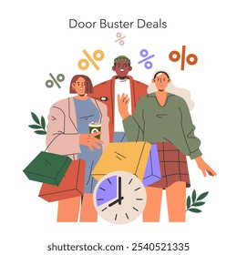 Conceito de Black Friday. Compradores que desfrutam de ofertas de tempo limitado em eventos de vendas. Grupo diverso com sacolas de compras entre símbolos de desconto. Ilustração vetorial.