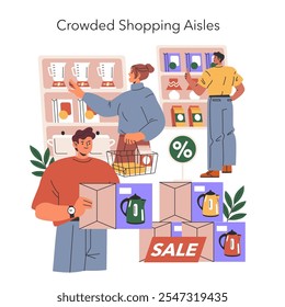 Black Friday concept. Shoppers grab deals in a busy store with sale signs, discounts, and a festive mood. Crowded aisles reflecting consumer excitement. Vector illustration.