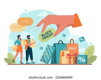 Black friday concept. Shopping cart and bags with goods and presents. Offline and online shopping with a big discount and special offer. Promotion campaign. Flat vector illustration