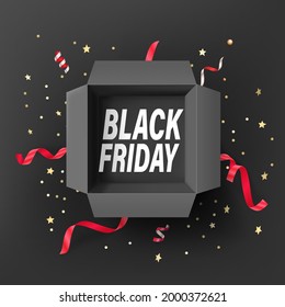 Black friday concept. Text in open gift box