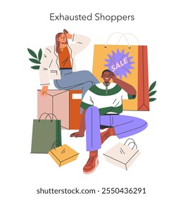 Black Friday concept. Tired shoppers resting amidst bags after a busy sale event. Retail therapy aftermath and consumer culture. Vector illustration.