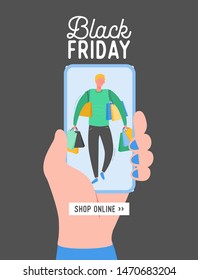 Black Friday concept vector illustration flat design, concept sale mobile app template with man character,  Online shopping banner, special offer poster, 