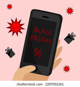 Concepto del Viernes Negro. Vector ilustración de la venta en línea de smartphone.