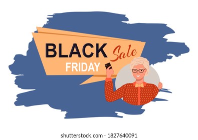 Black friday concept vector. Sale banner with beautiful woman in glasses holding phone in her hand. Discount poster template. Big sale special offer. End of season special proposition banner