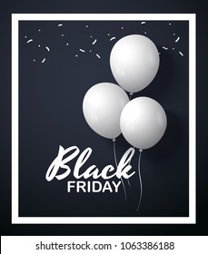 Black Friday concept with white balloons and confetti. Big Sale creative template. Vector illustration.