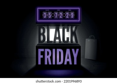 Black friday countdown vector banner template. Creative mega sale advert with neon outlined flip board. Realistic light beams illuminating discount offer and shopping bag, trendy poster design layout