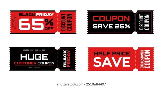 Black Friday coupon set, vouchers promotion design template for sale, special price offers banner, promotion poster. Vector illustration