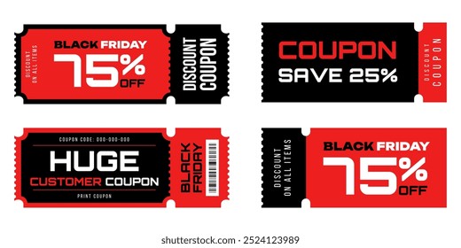 Black Friday cupom definido, vouchers promoção modelo de design para venda, preço especial oferece banner. Ilustração vetorial em preto e vermelho