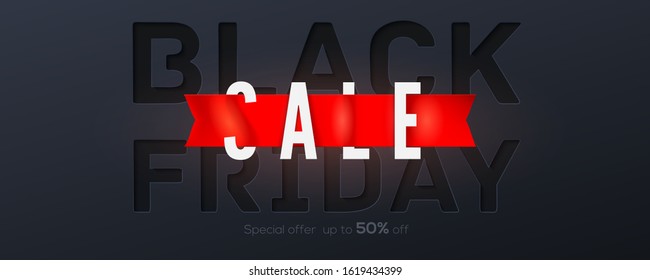 Black friday creative banner for Sales auctions. Vintage text Sale with red ribbon. Design with paper cut technique for sticker, tag or label. 3d vector illustration, eps10
