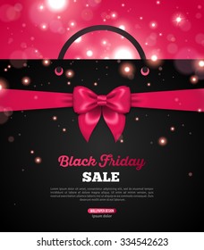 Black Friday Creative Banner with Shopping Bag and Pink Ribbon Bow. Vector Illustration. Place for Promotional Text. Bokeh, Sparkles. Shining Christmas Total Sale Background.