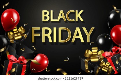 Ilustración vectorial de fondo digital abstracto creativo y moderno de Black Friday. Anuncio de publicidad y marketing y concepto de venta de Black Friday. Cajas de regalo de fondo de negocios y globos.  