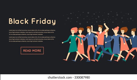 Black Friday Crowd Of People Running To The Store On Sale. Flat Design Vector Illustration.
