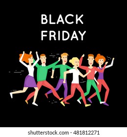 Black Friday crowd of people running to the store on sale. Discount. Shopping. Character.  Flat design vector illustration.