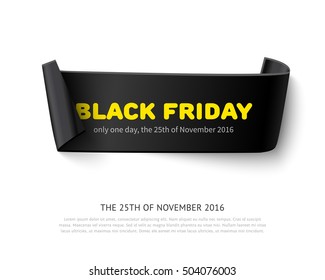 Black Friday curl paper banner. Realistic vector illustration of black ribbon with text isolated on white background. Paper banner for sale, promo and advertising for web site and print