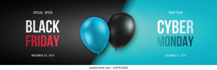 Black Friday and Cyber Monday banner long narrow header for website. 3d black and blue realistic balloons and sale text. Stock vector illustration.