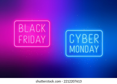 Black Friday, Cyber Monday banner. Hanging sale signboards on pink and blue bright background. Modern design with neon elements.