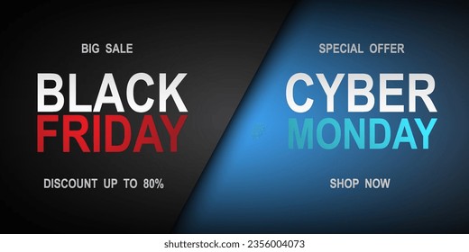 Black Friday and cyber Monday banners. Super sale at the end of the season. Black and blue realistic gift box. Special offer concept vector illustration.