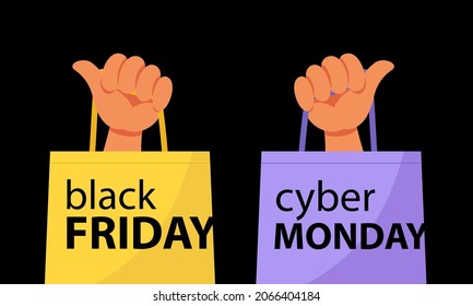 Black Friday Cyber Monday. Big sale. Hands hold eco-bags with purchases. Vector flat illustration on black background