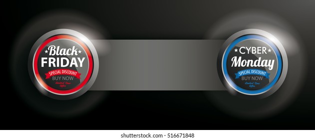 Black Friday and Cyber Monday button with banner on the dark background. Eps 10 vector file.