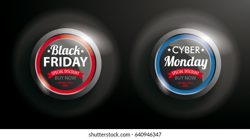 Black Friday and Cyber Monday button auf dunklem Hintergrund. Eps10 Vektordatei.