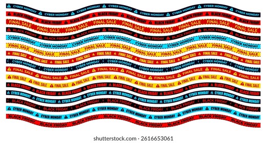 Black Friday, Cyber Monday, And Final Sale Wavy Banner Tape Set On Transparent Background. Perfect For Ecommerce Promotions, Clearance Events, And Online Shopping Ads. Vector Illustration.