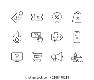 Black friday and cyber monday line icon set with sale related icons