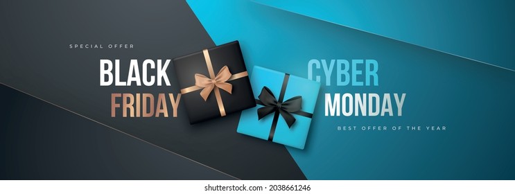 Black Friday and cyber Monday long banner. Super sale at the end of season. Black and blue realistic gift boxes. Special offer concept vector illustration.